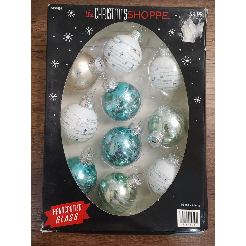 2011 The Christmas Shoppe White Teal Sparkle Dot Glass Ornaments 10pc 1.75 O42